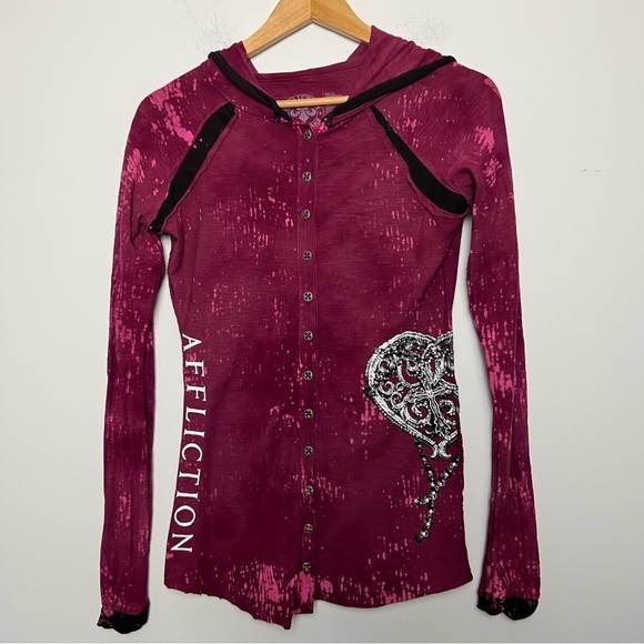 Affliction 90s Burgundy Long Sleeve Hoodie Spell Out Top Embellished Angel Wings - Picture 1 of 15